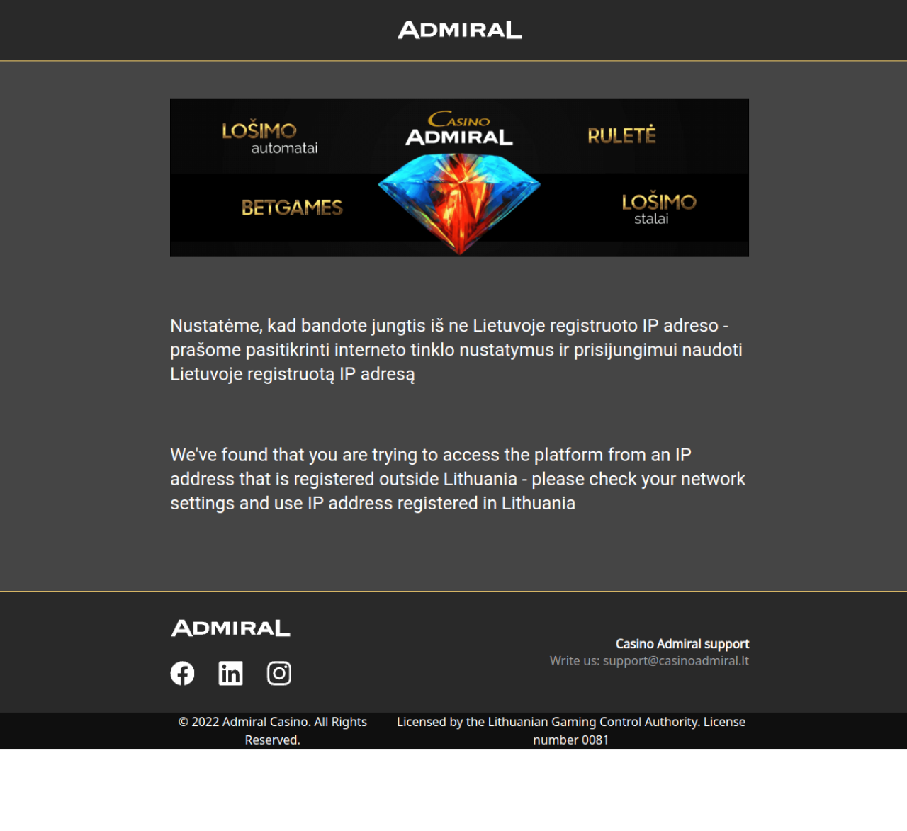 Casino Admiral oficialaus domeno ekrano vaizdas